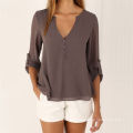 Women′s Sexy Fashion Loose Chiffon Tops Long Sleeve V Neck Casual Blouse